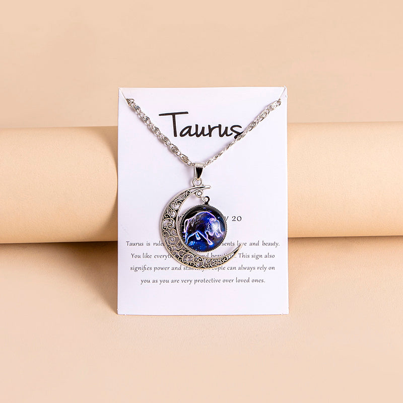 Collar con colgante de luna y 12 abalorios de cristal con signos del zodiaco para mujer y niña