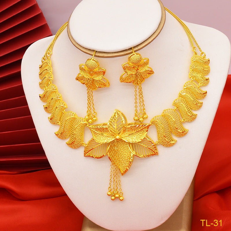 Goldfarbene Blumenkette und Ohrringe Set Messing vergoldet Hochzeitsschmuck Partie