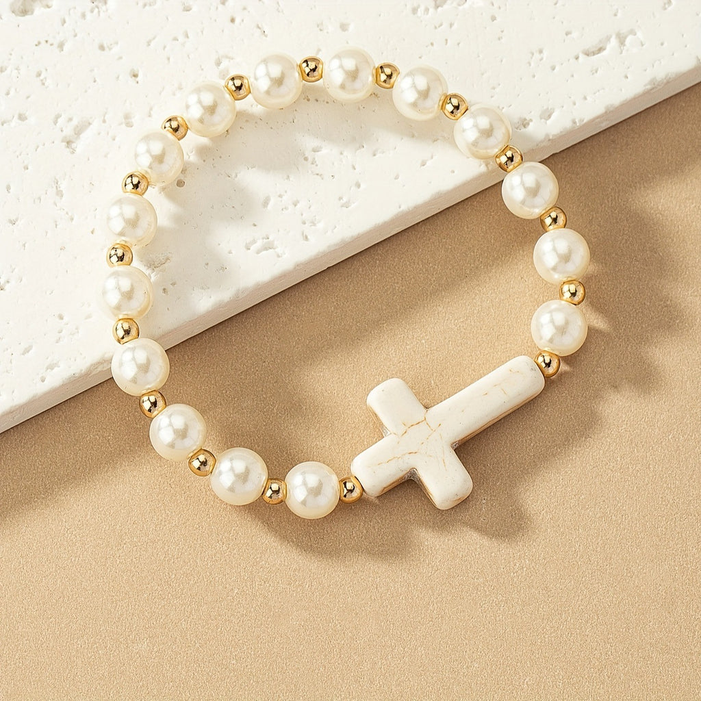 Pulsera Cruz Piedra Natural Perla