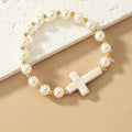 Pulsera Cruz Piedra Natural Perla