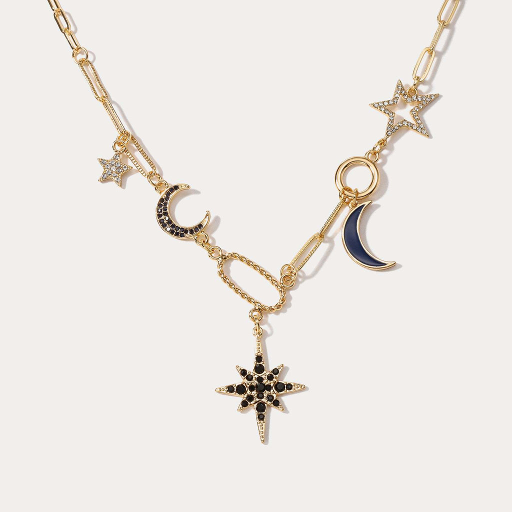 Modeschmuck Kupferbeschichtete Echtgoldkette Modedesign Stern- und Mond-Strass-Legierungshalskette