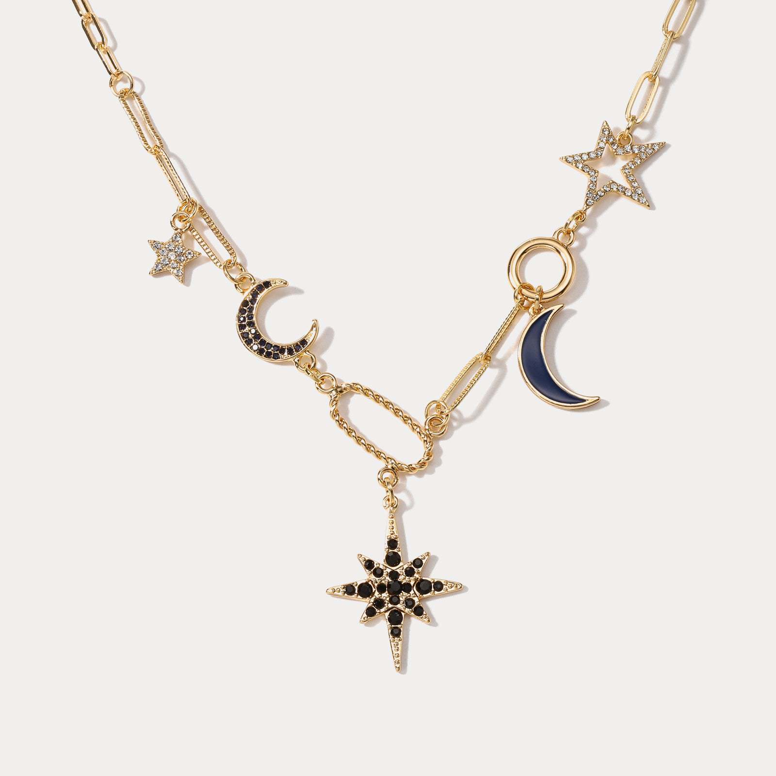 Modeschmuck Kupferbeschichtete Echtgoldkette Modedesign Stern- und Mond-Strass-Legierungshalskette