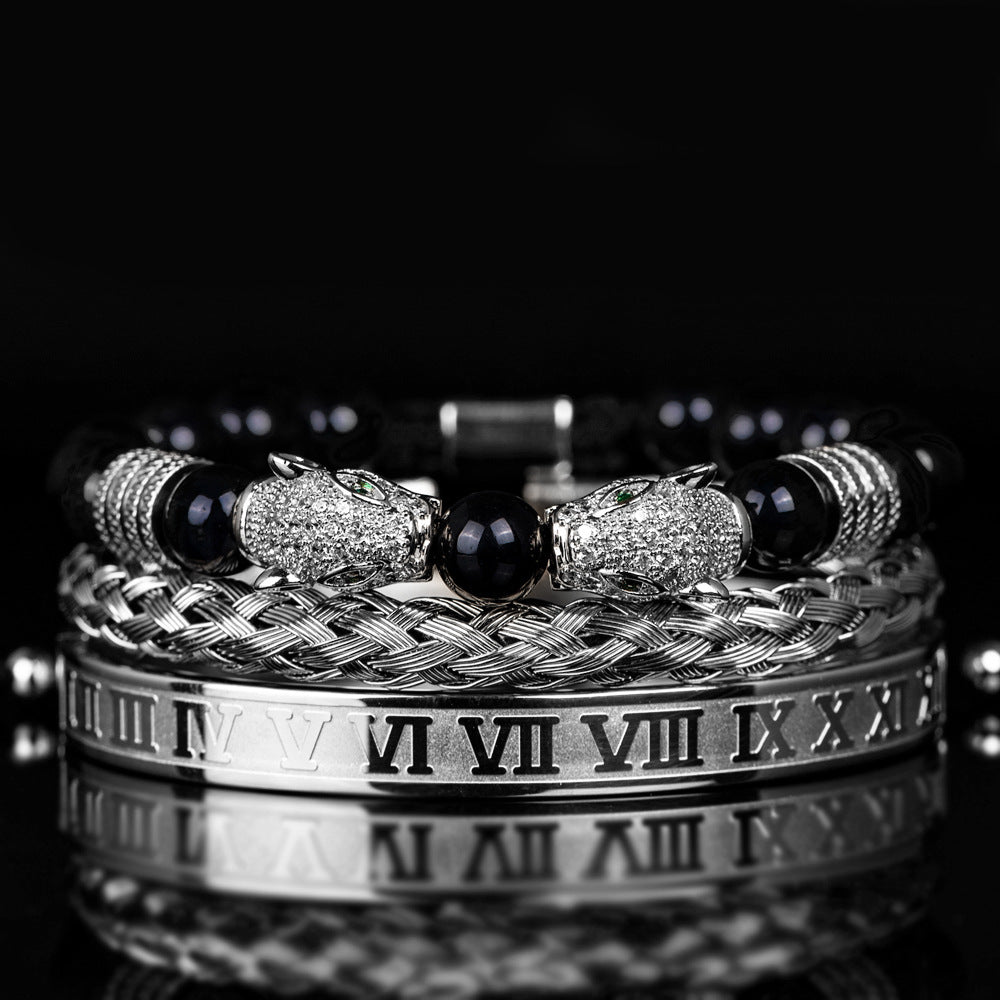 Men's Black Double Leopard Head Braided Stainless Steel Roman Numeral Bracelet Suit