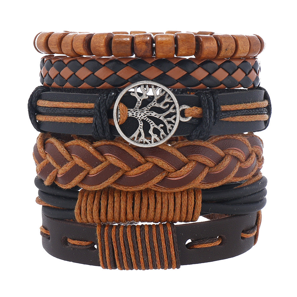 European And American Men's Vintage Weave Multi-layer Leather Bracelet Lucky Tree Series Six-piece Set