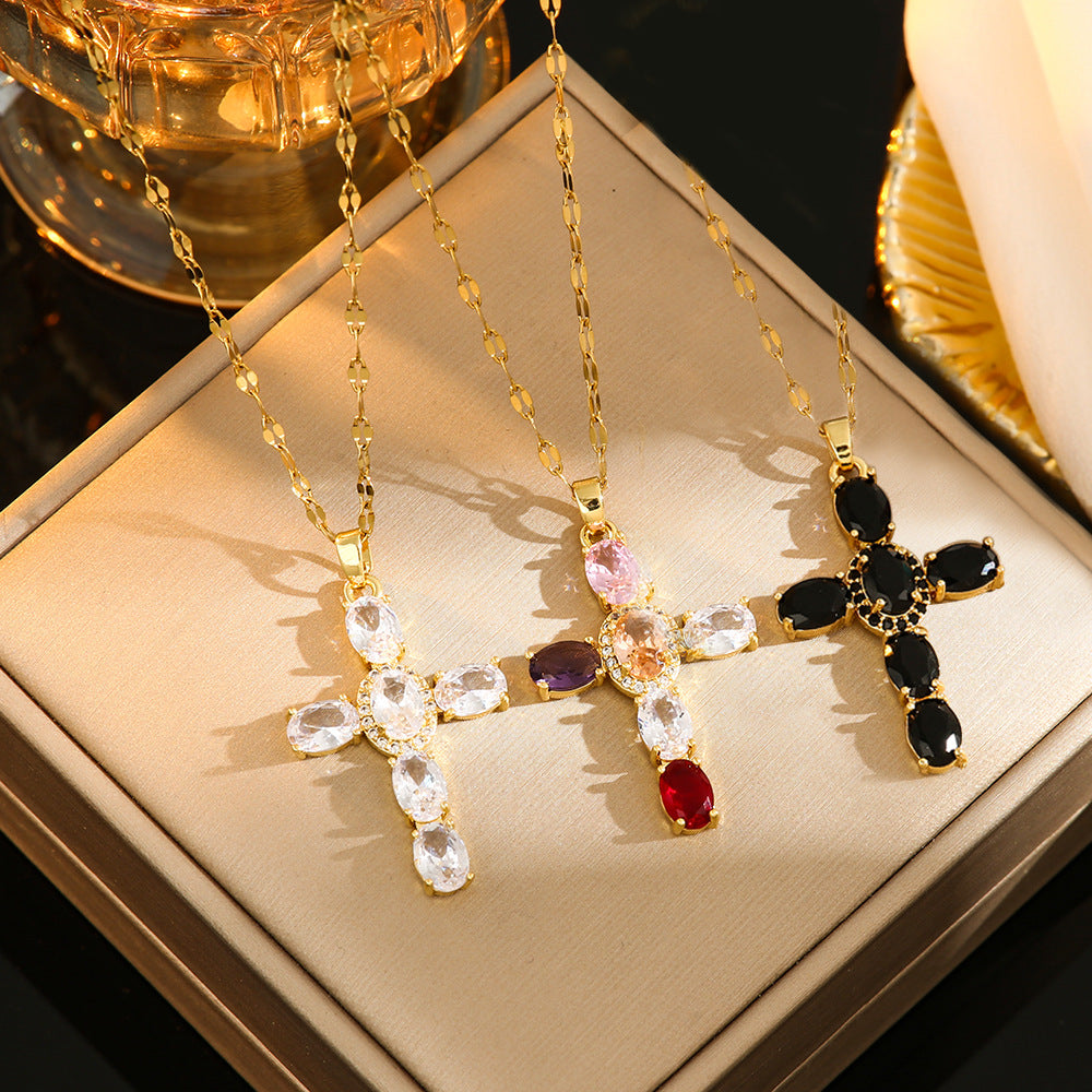 Collar con cruz de circonitas de colores con diamantes que no se desvanece