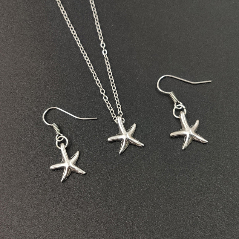 Süße kleine Seestern-Anhänger-Halskette Ohrringe für Frauen Mädchen Mode Silber Seestern Pentagramm Charms Schmuckset