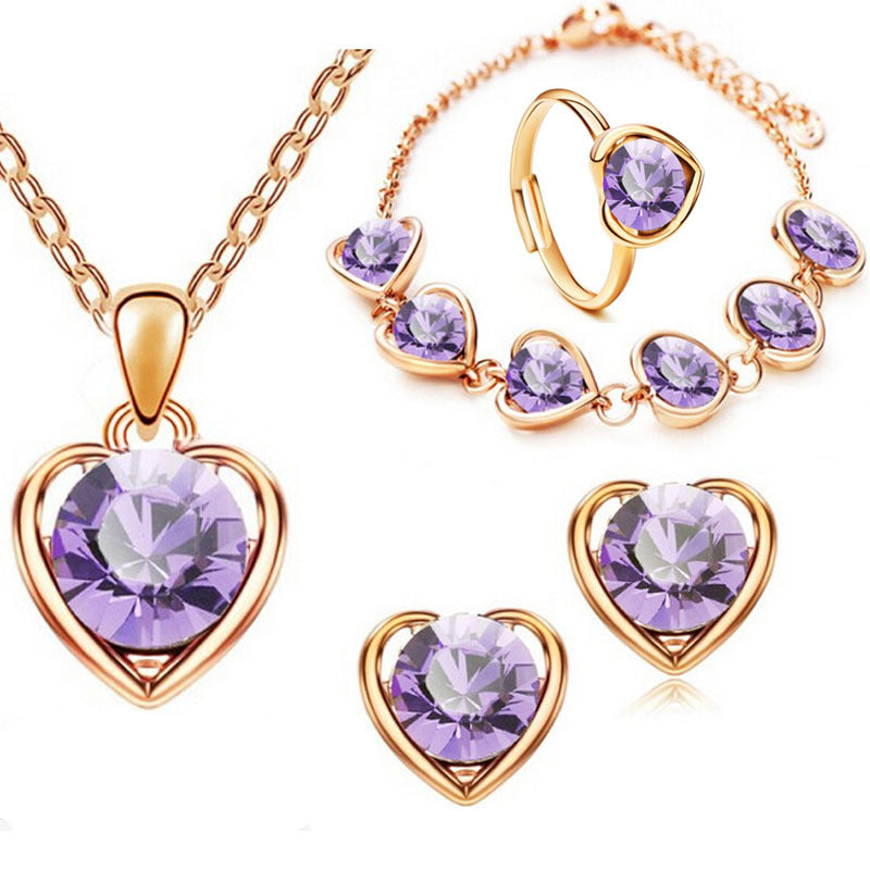 Mode Kristall Herz Herz Halskette Ohrringe Ring Armband Vierteiliges Set