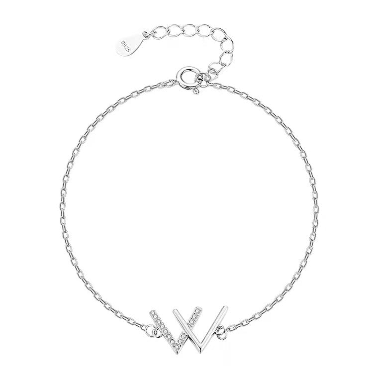 925er Silber W Buchstaben Armband für Damen, schlicht, Nische