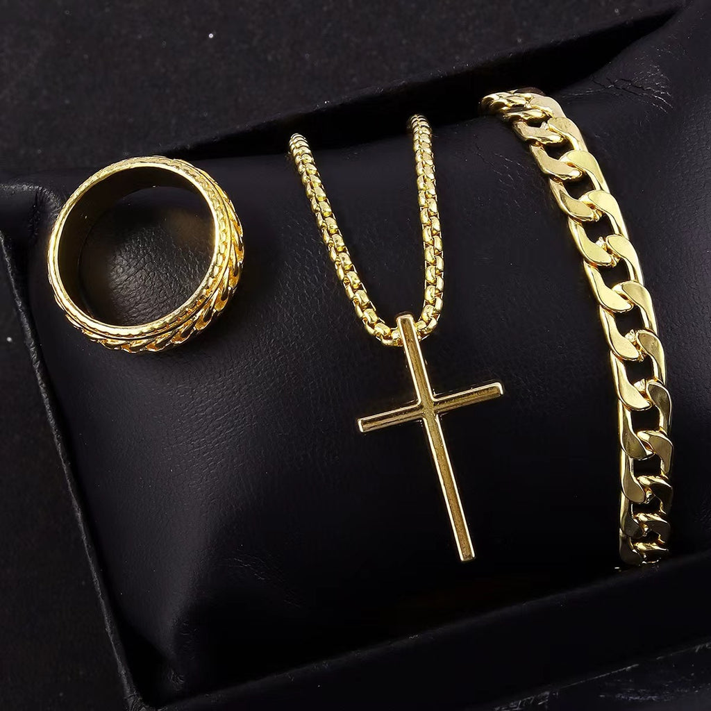 Herren Kreuz-Halskette Ring Armband Set