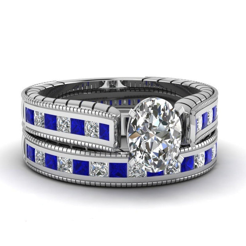 Anillos de pareja de diamantes blancos y azules para mujer