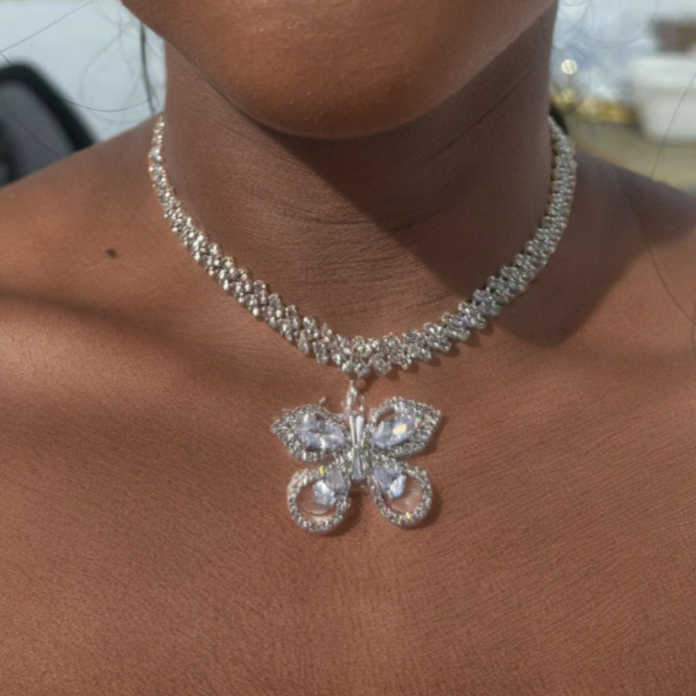 Rhinestone Pendant Cuban Necklace Short Clavicle Chain