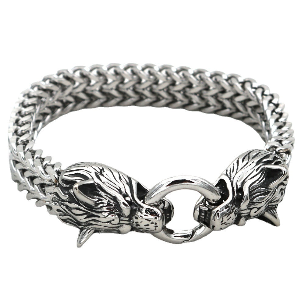 Edelstahl Wolfskopf-Armband Titanstahl-Doppelring-Armband für Herren