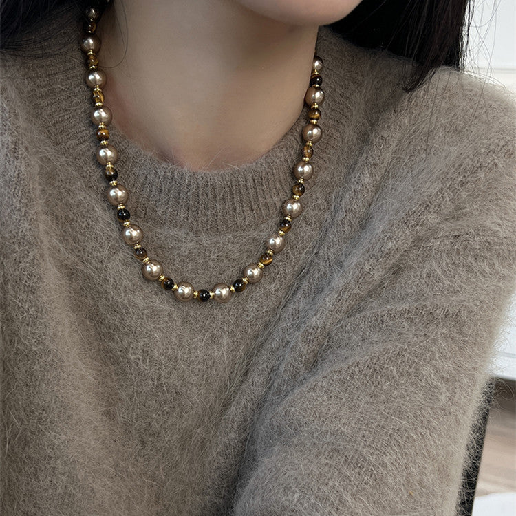 Braune Tigerauge Perlenkette Herbst Und Winter Leichte Luxus Nische Pulloverkette Damen Mode Schmuck