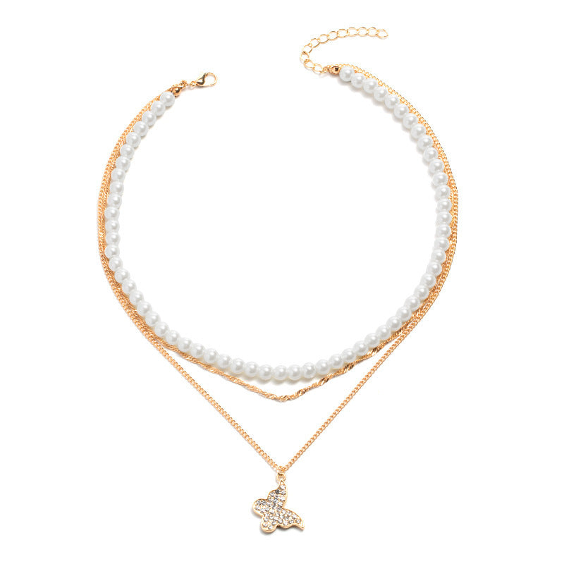 Exquisites Schmetterling Multi-Layer Perlen-Anhänger Halskette Set Damen glänzendes Temperament Freundin Party Geschenk Modeschmuck