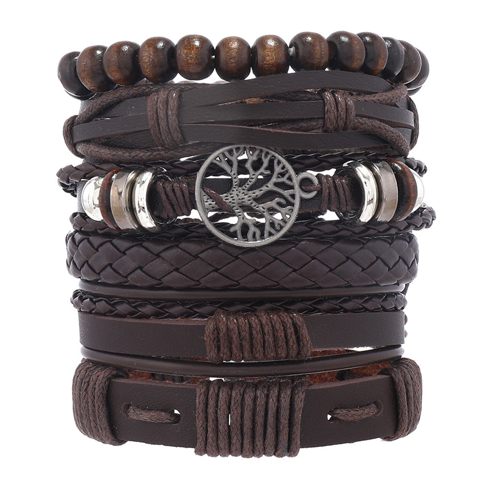European And American Men's Vintage Weave Multi-layer Leather Bracelet Lucky Tree Series Six-piece Set