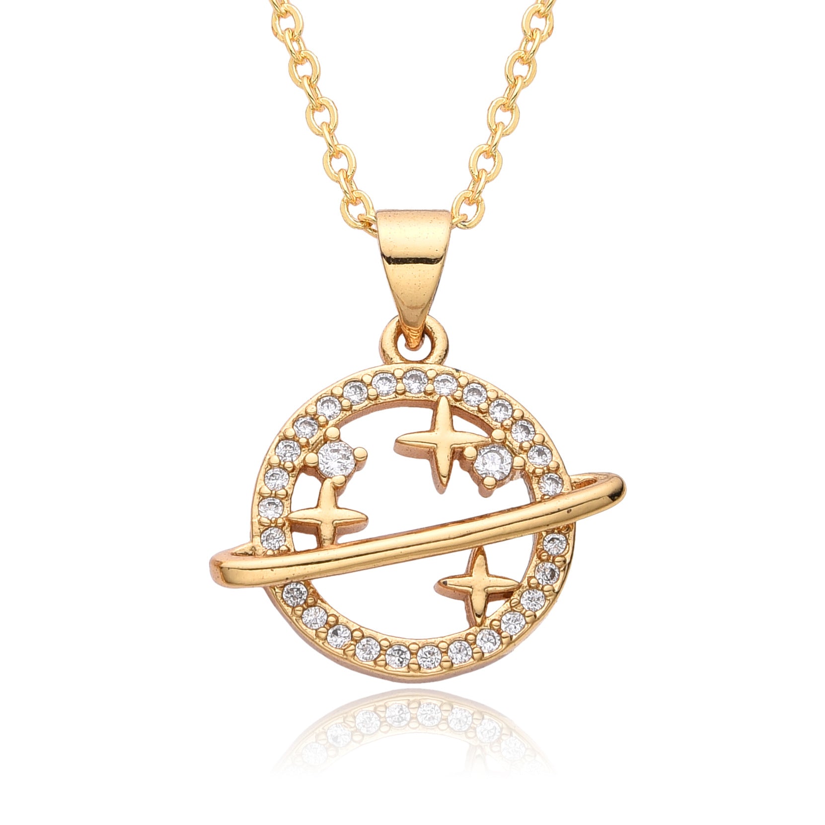 Copper Micro Inlay Color Zircon Personality Planet Pendant Plated 18K Gold Necklace