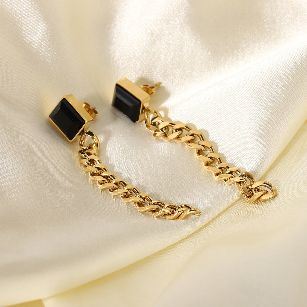 Edelstahl schwarzer Edelstein Anhänger Damen Cuban Chain Ohrringe Ohrschmuck