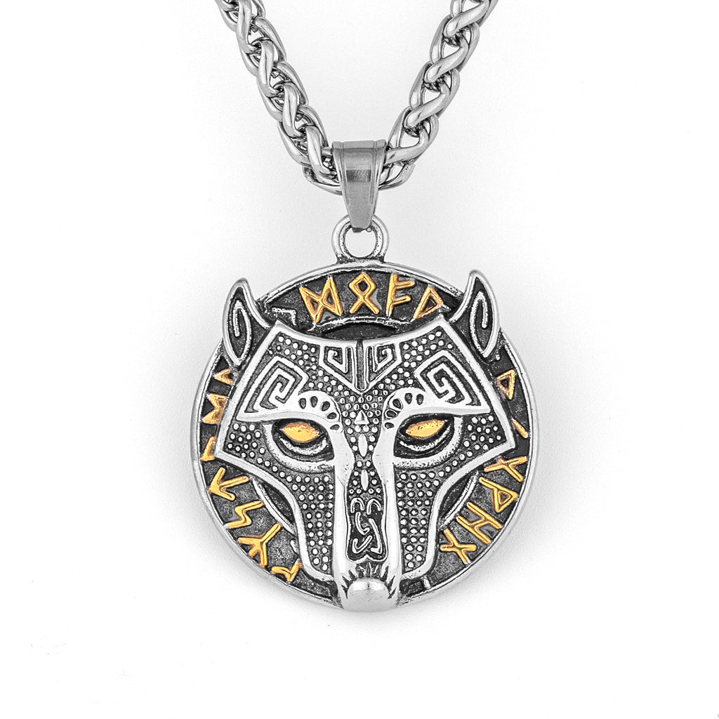 Wikinger Goldener Wolfskopf Aoding Rune Titan-Stahl-Anhänger für Herren