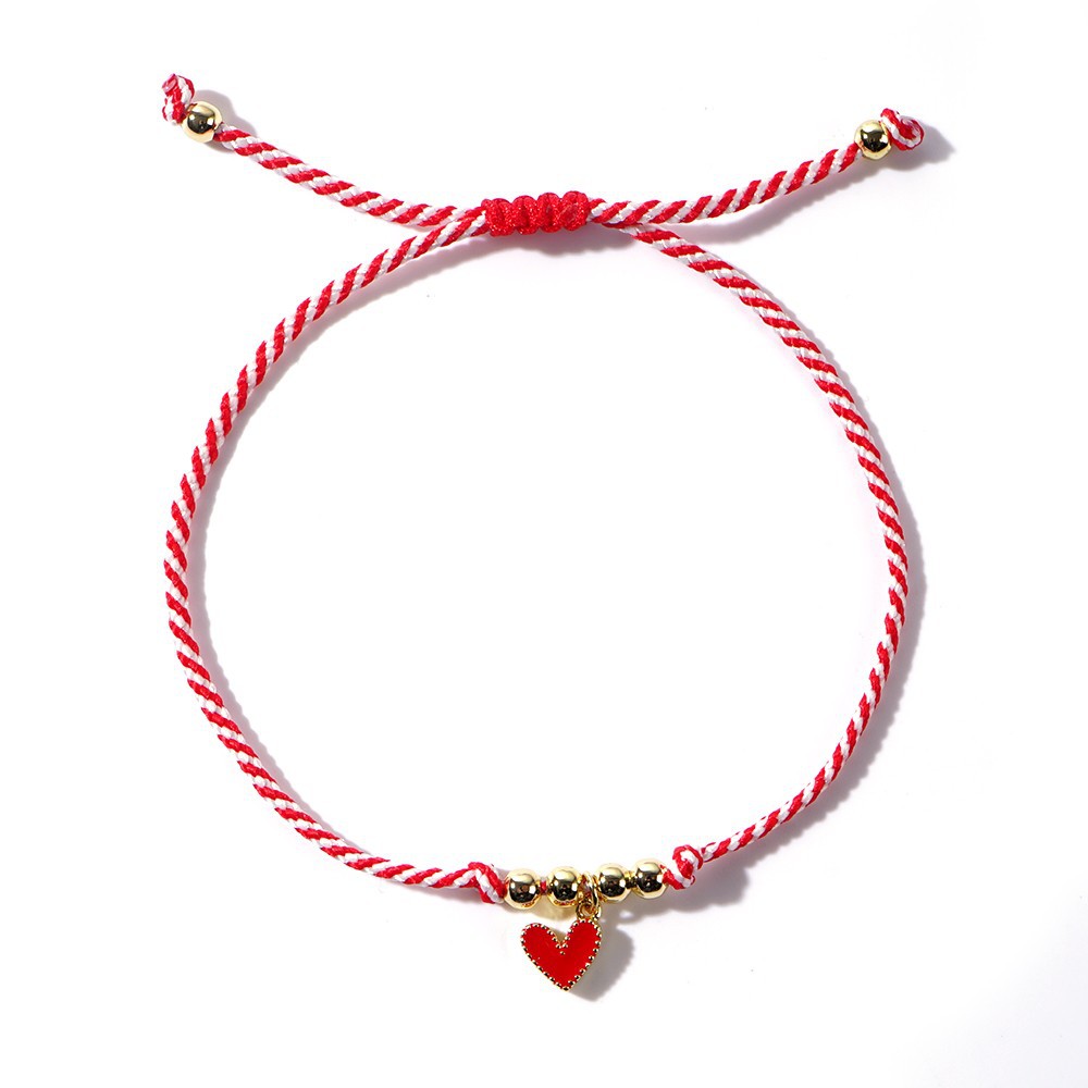 Pulsera de Cobre con Cuentas de Cobre Gota de Aceite, Corazón de Melocotón Rojo y Blanco con Cuerda