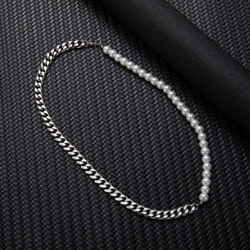 Stitching Stainless Steel Cuban Chain Pearl Necklace For Men