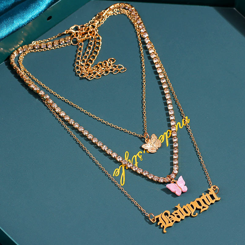 Resin Metal Butterfly Pendant Babygirl Letter Accessory Multilayer Necklace