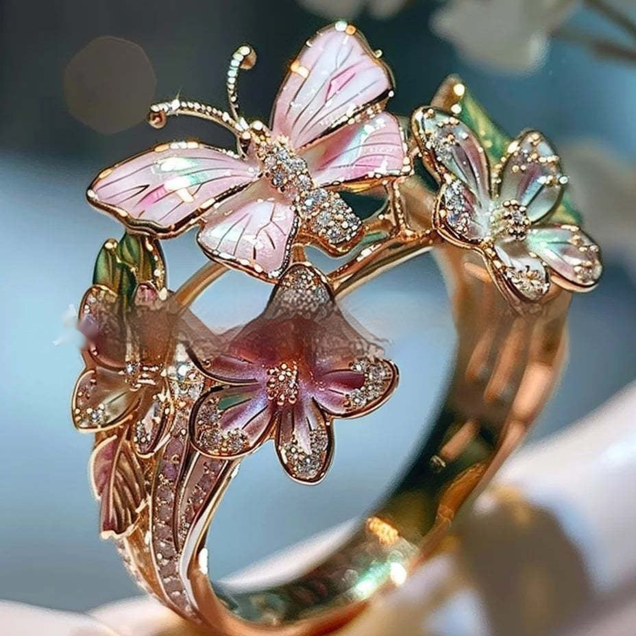 Anillo de mujer de mariposa y flor con aceite goteante, con incrustaciones de cristal 3D brillante, elegante, ajustable y transparente, chapado en oro, con diseño de animales e insectos, estilo estético, joyería de moda