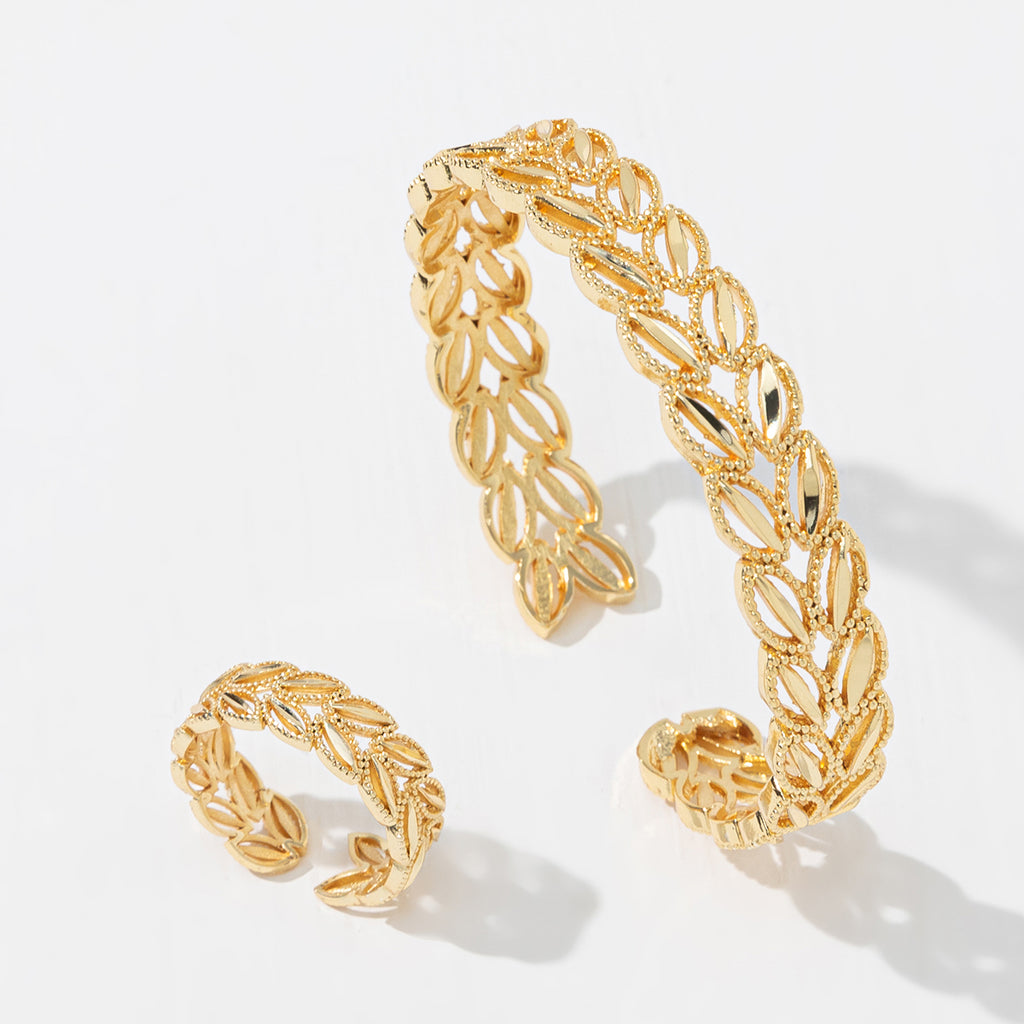 2Pcs Fashion 18k Gold Plated Wheat Ear Leaves Opening Bracelet Ring Set Suitable For Women's Daily Wear Holiday Jewelry Gifts