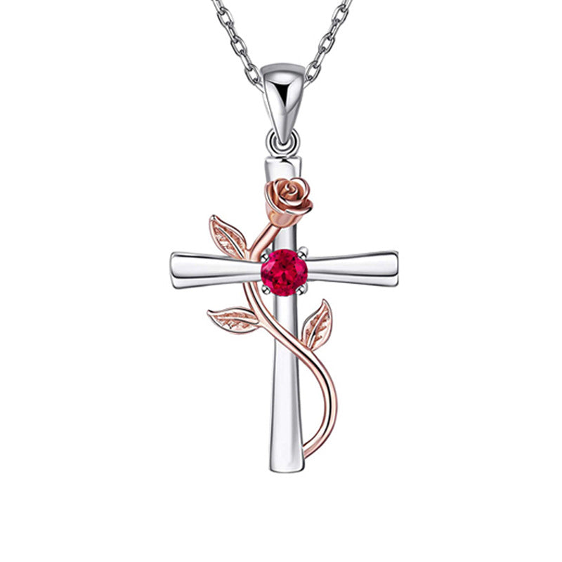 Rosenkreuz-Halskette mit Strass, modische Persönlichkeit, 12 Monats-Geburtsstein-Anhänger-Halskette für Valentinstag, Geburtstagsgeschenk