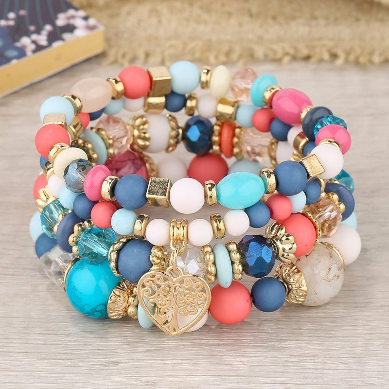 Pulsera multinevel con cristales en forma de corazón y estilo nacional bohemio