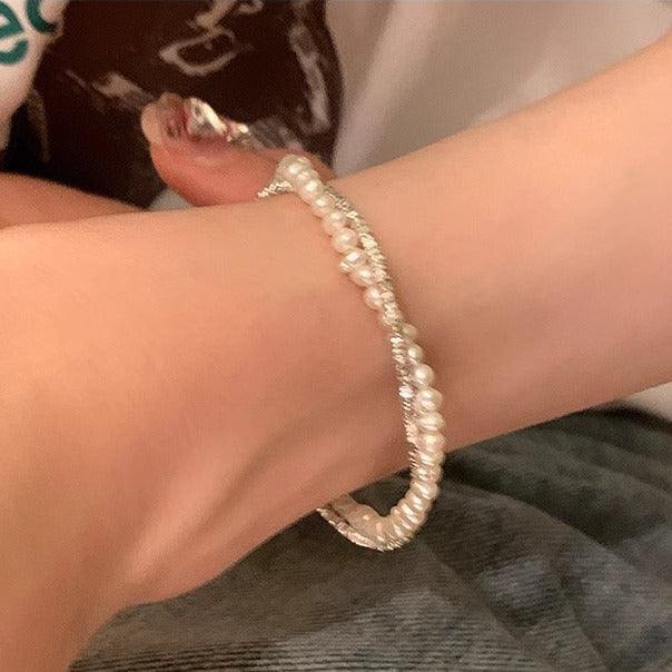 S925 Sterling Silver Natural Baroque Pearl Small Pieces Of Silver Double-layer Bracelet