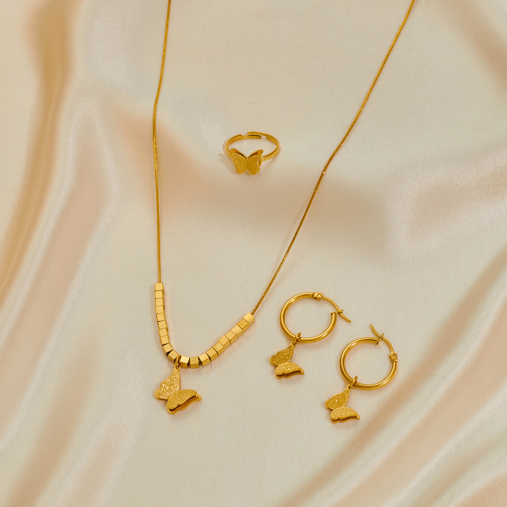 Edelstahl Schmuckset Halskette Ohrringe Ring Dreiteiliges Set