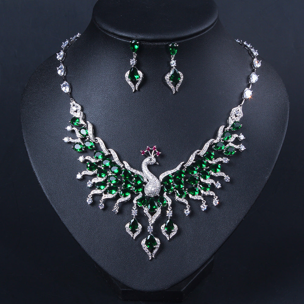 Ethno-Stil Zirkon-Pfau-Ohrringe-Set Quaste Bunte Schlüsselbeinkette Schmuckset