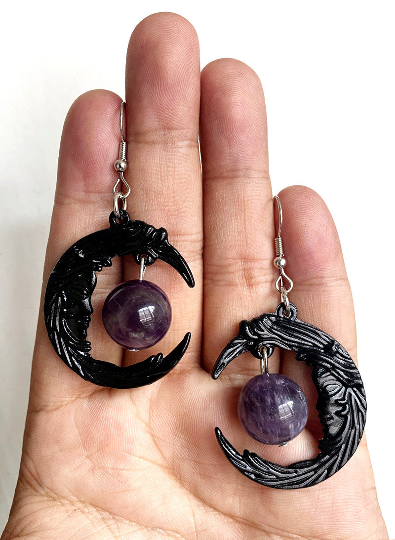 Gotisches Gesicht Schwarzer Halbmond Amethyst Anhänger Halskette Ohrringe