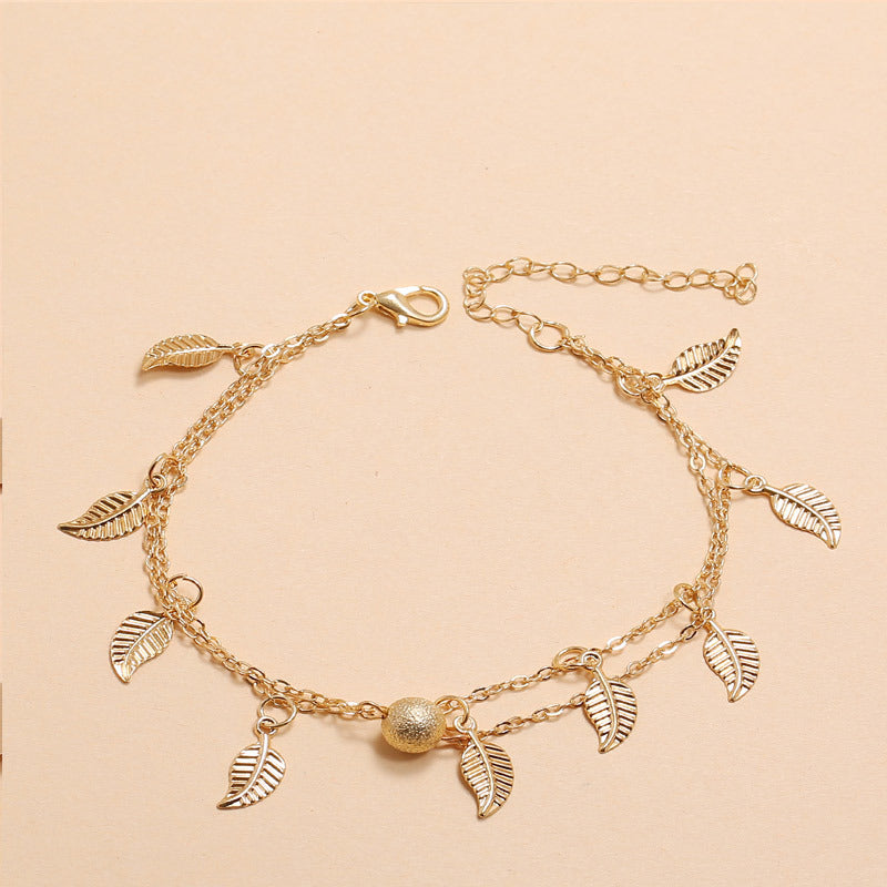 Frosted Round Beads, Small Leaves And Tassel Feet With Double-layer Anklets