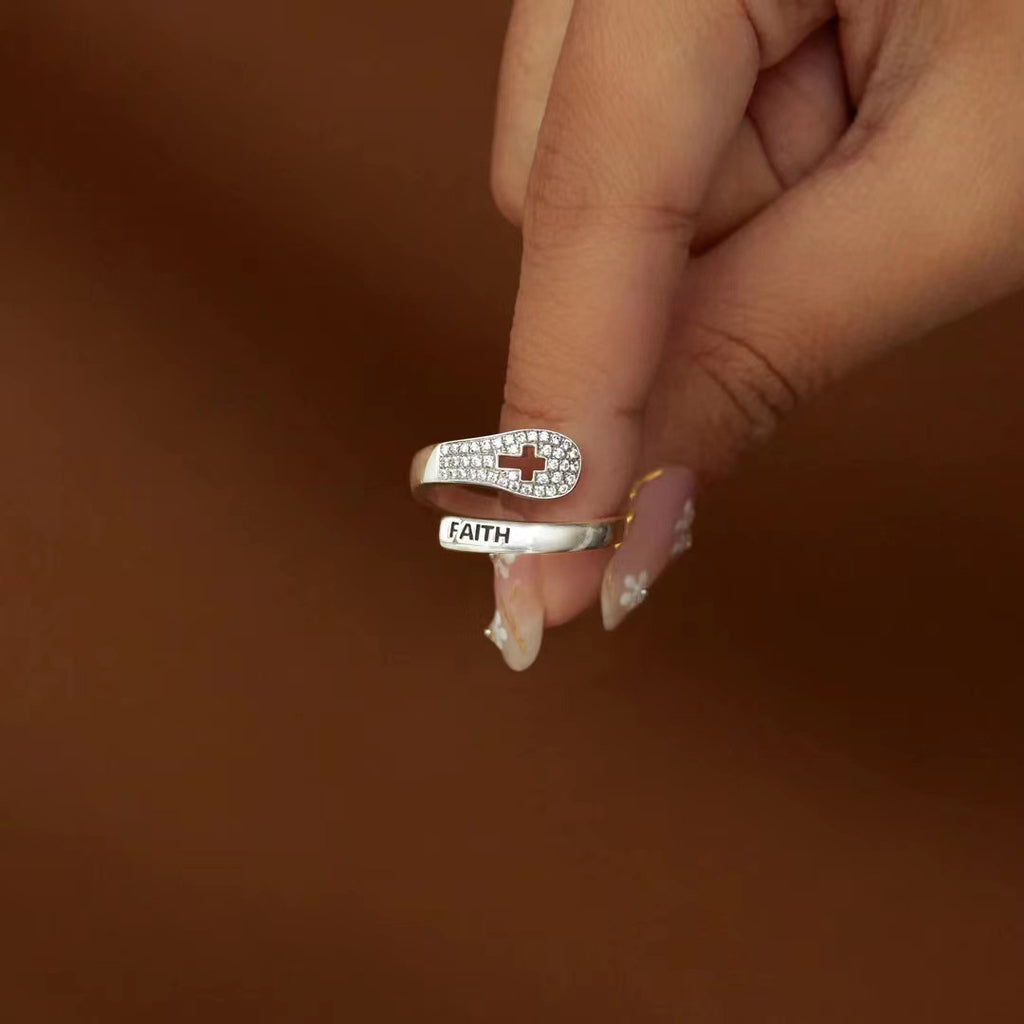 Anillo de plata de ley 925 con cruz y circonita "Fe"