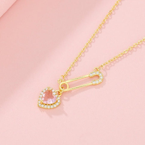 Collar de pin con forma de corazón de diamantes de imitación Diseño de interés especial Exquisita cadena de clavícula de lujo ligero de alta calidad