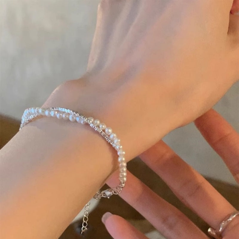 S925 Sterling Silver Natural Baroque Pearl Small Pieces Of Silver Double-layer Bracelet