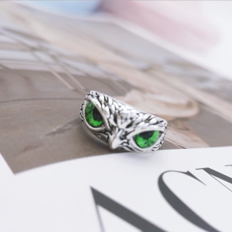 Anillo de búho con ojo de demonio vintage a la moda para mujer, anillo de animales retro, joyería de color plateado