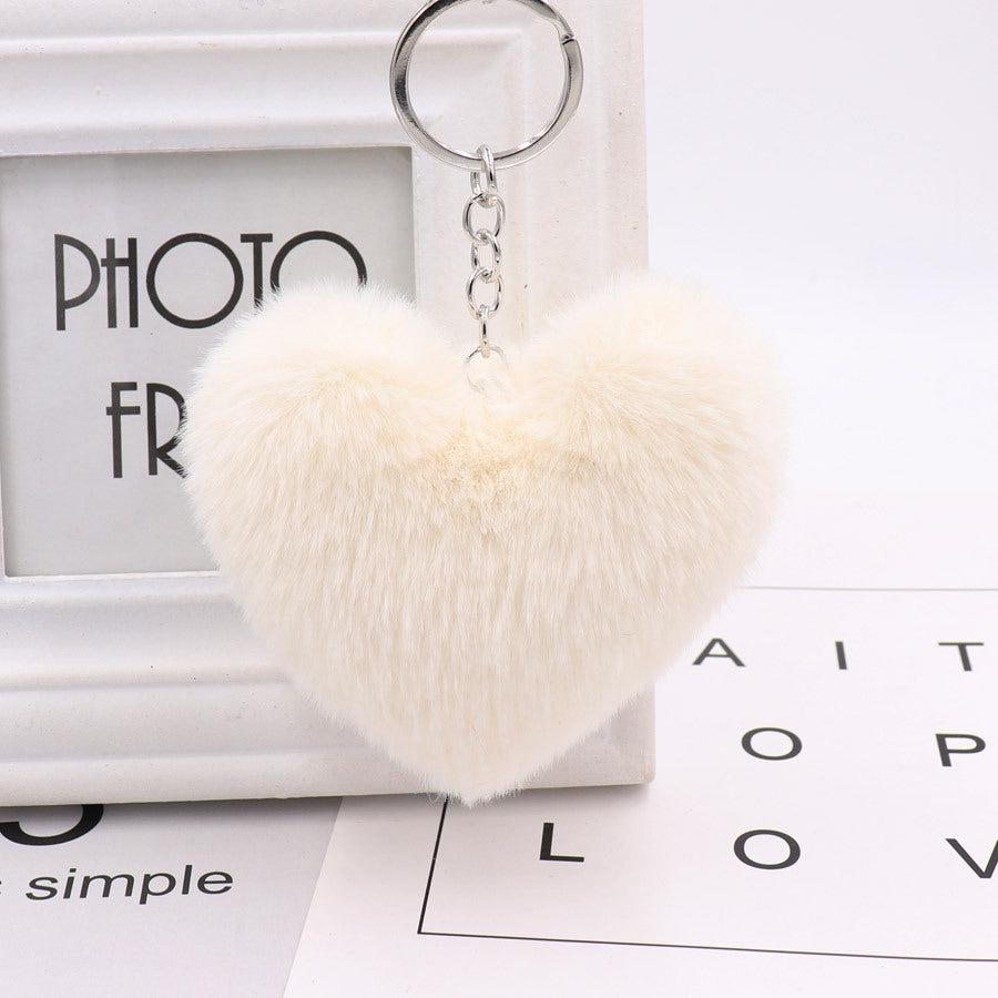 Llavero con pompón en forma de corazón, conejo Rex, de peluche, colgante para coche