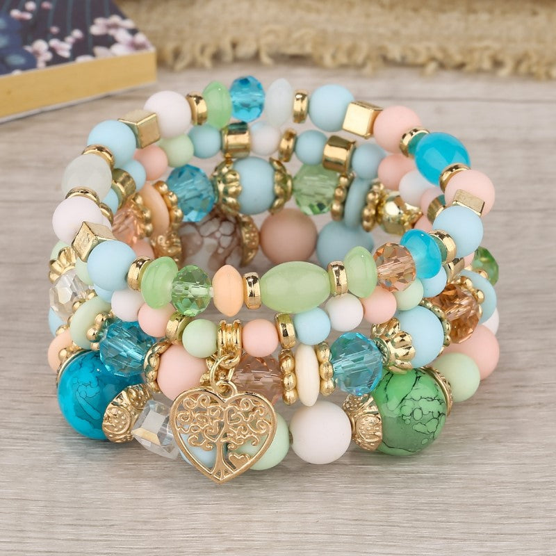 Pulsera multinevel con cristales en forma de corazón y estilo nacional bohemio