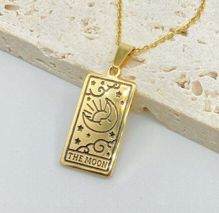 Quadratische Tarotkarten-Halskette für Frauen, goldfarbene Edelstahl Mond-Sonne-Paar-Anhänger, Halskette, Vintage, süßer Schmuck, Geschenk