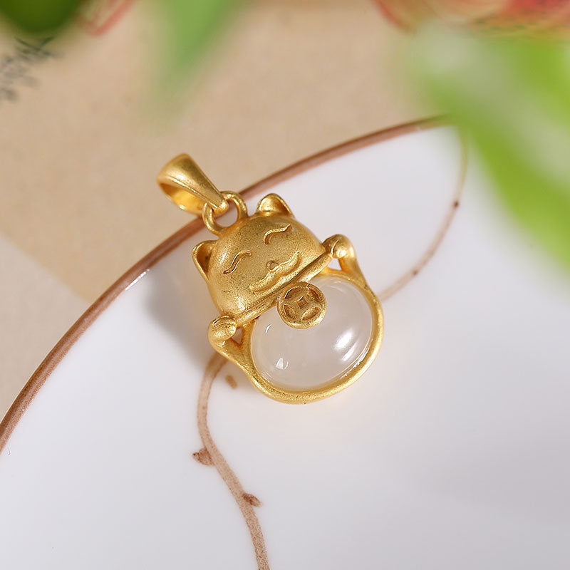 Glückskatze Hetian Jade Altes Gold Anhänger Weibliche Nische