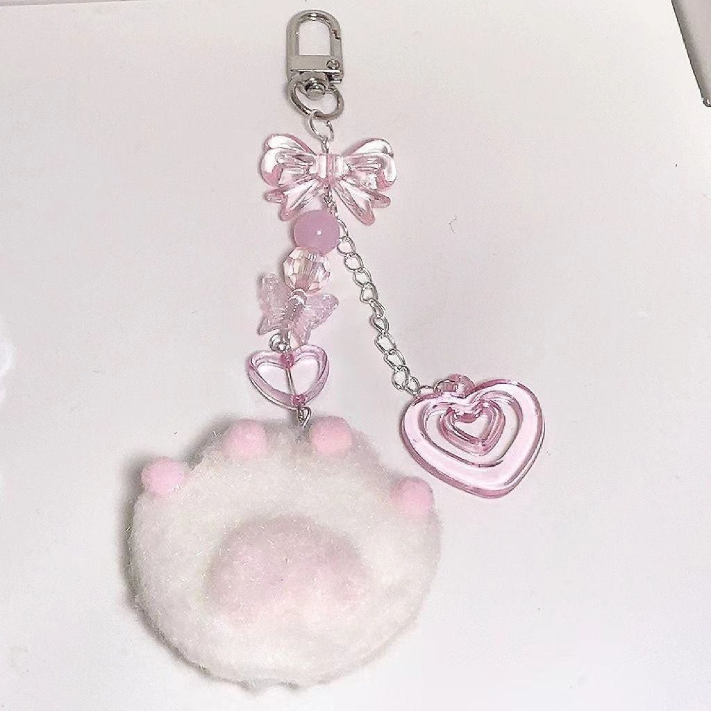 Llavero colgante con forma de pata de gato, peluche original hecho a mano, para teléfono móvil, con cuentas, joyería