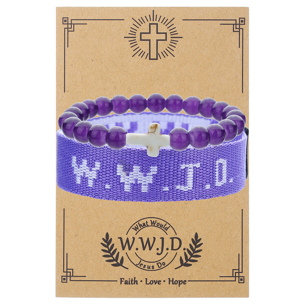 Pulsera con letras WWJD y dije de cruz turquesa