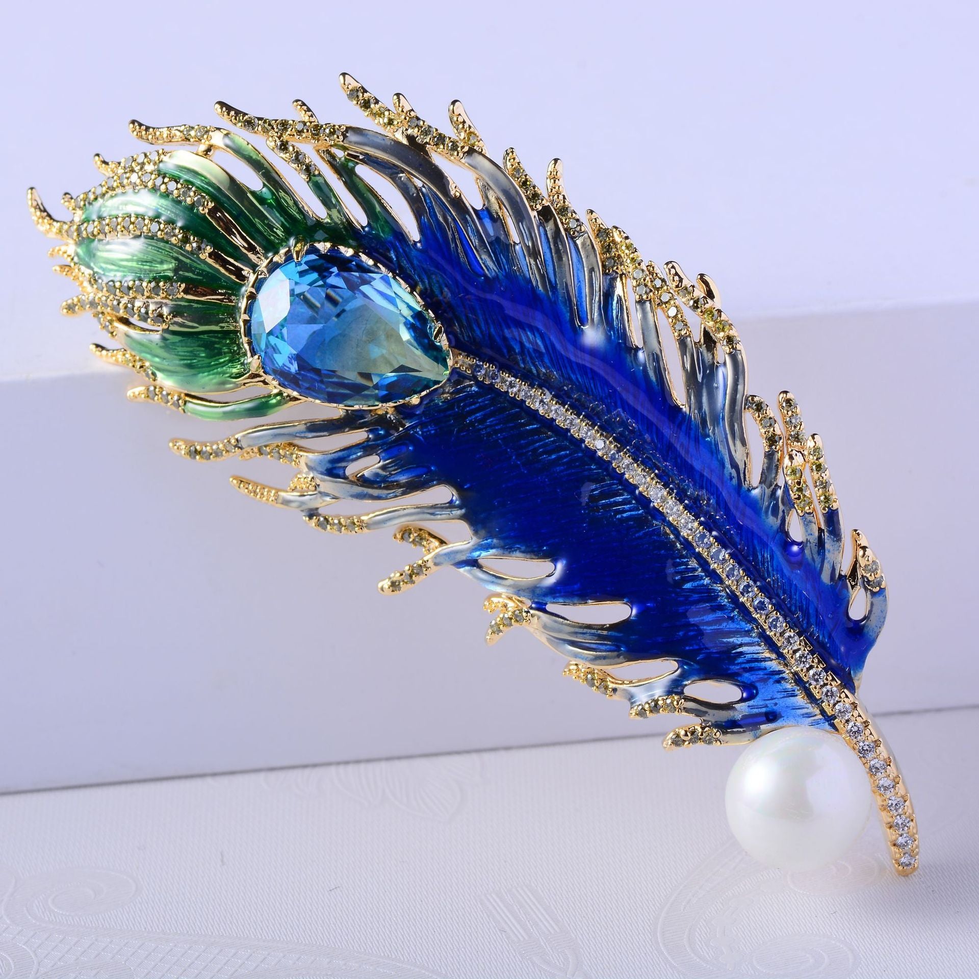 Broche de plumas con gota de aceite verde malaquita para ropa
