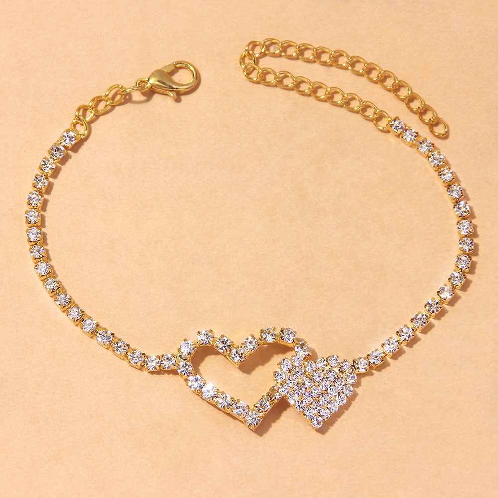 Tobillera de doble corazón con diamantes de imitación, superventas en Europa y América