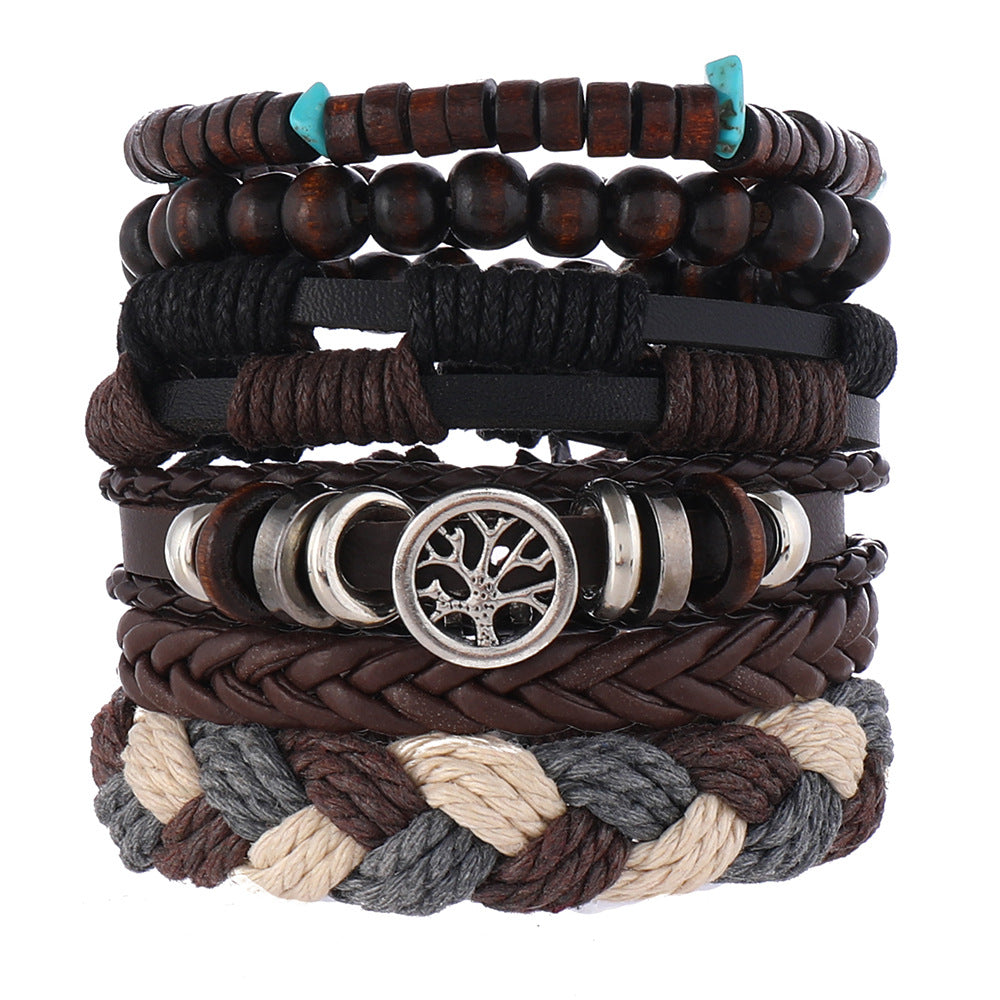 European And American Men's Vintage Weave Multi-layer Leather Bracelet Lucky Tree Series Six-piece Set