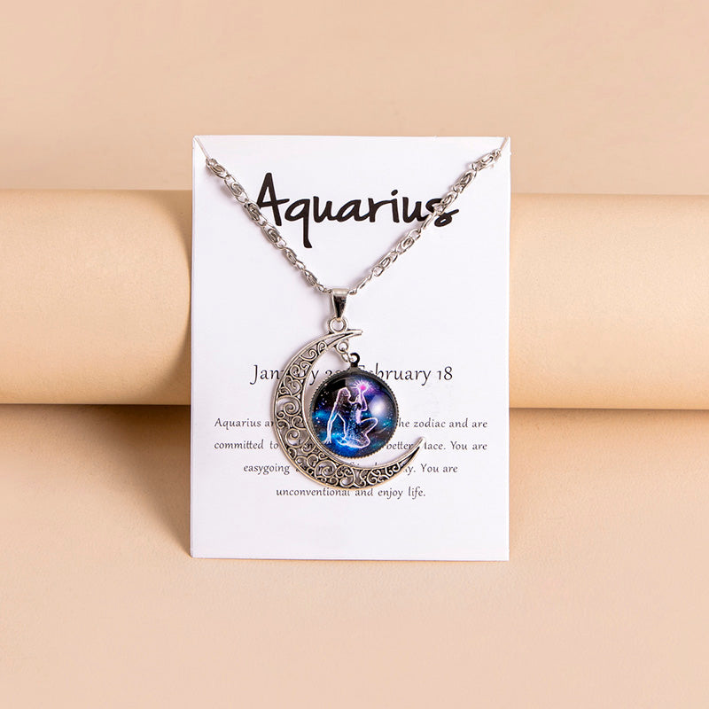 Collar con colgante de luna y 12 abalorios de cristal con signos del zodiaco para mujer y niña