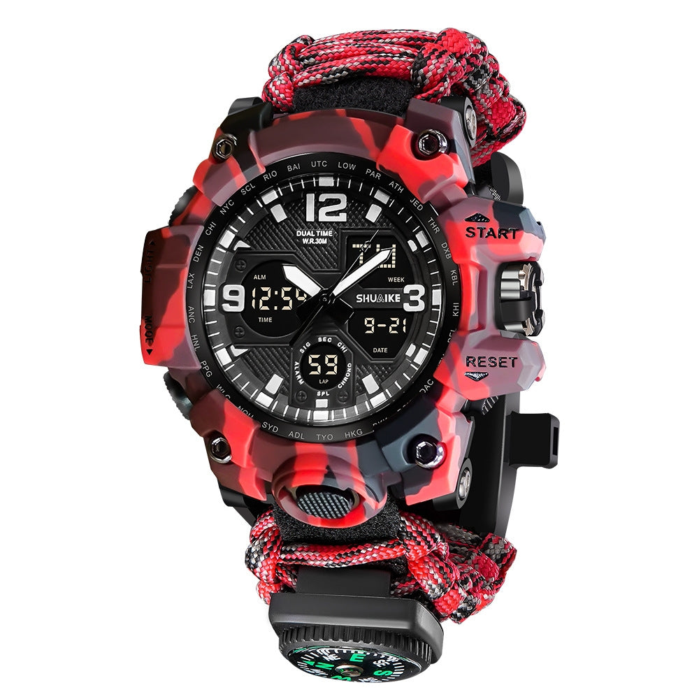 Reloj Electrónico de Doble Pantalla Silbato Encendedor Brújula Termómetro Reloj para Hombre