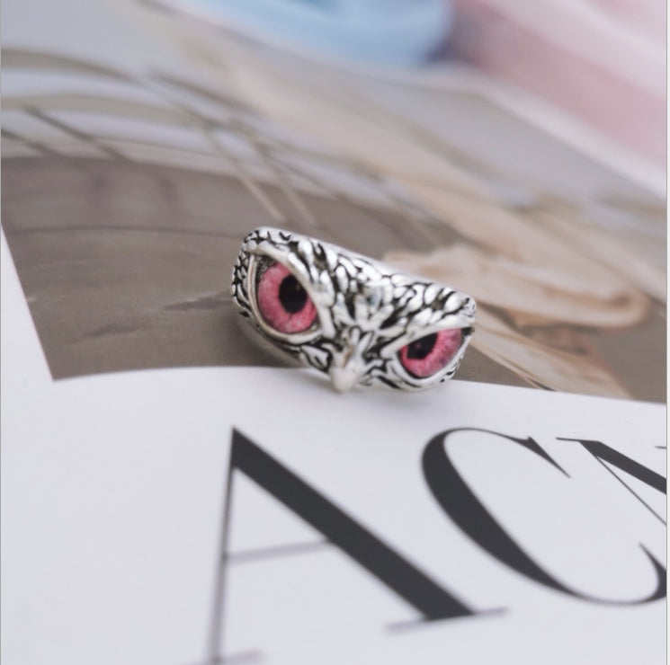 Anillo de búho con ojo de demonio vintage a la moda para mujer, anillo de animales retro, joyería de color plateado